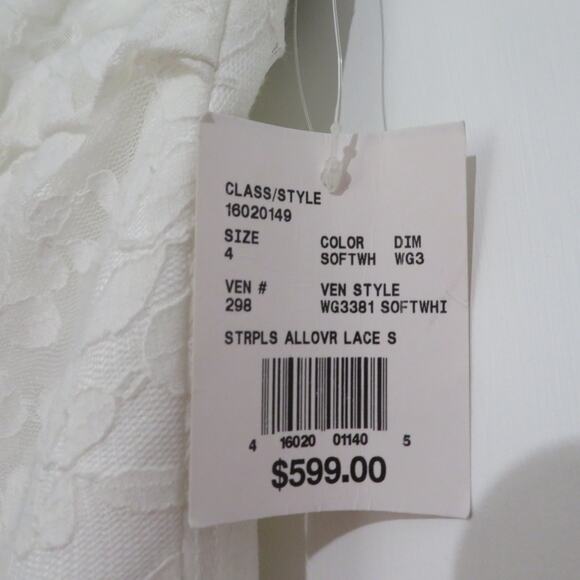 Galina Womens 4 Soft White Strapless Lace Gown with Ribbon Detail Small Train - Picture 11 of 11